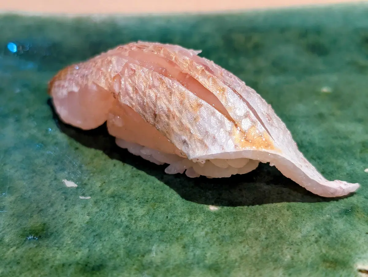 Delicate Kasugo (young sea bream) with fine texture and spring flavor, a seasonal Edomae highlight at REONA.