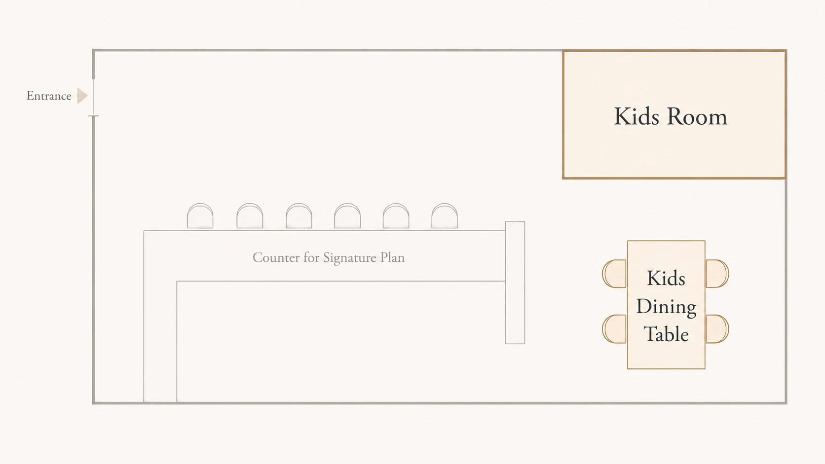 Floor plan of REONA Sushi Tokyo showing the entrance, the counter for the Signature Course, the private kids room and the kids dining table